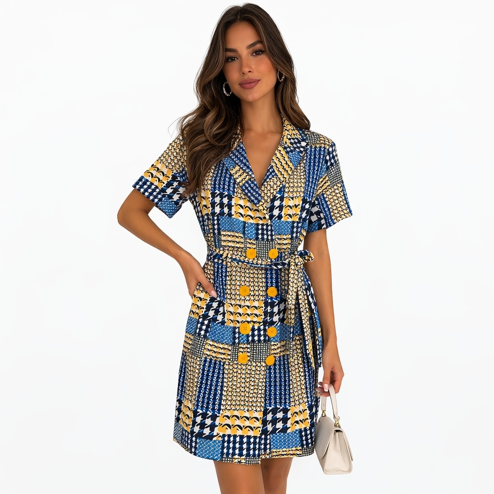 Unique 21 Blue & Yellow Geometric Patchwork Dress Belted Button Front Retro Mod
